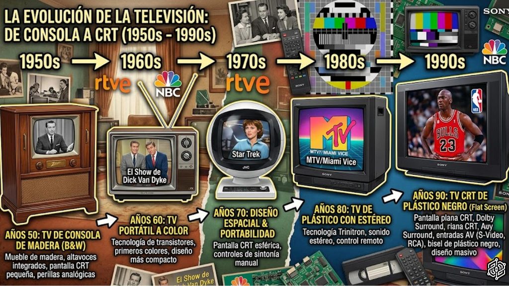 Evolución de diseños de televisores clásicos desde 1950 hasta el año 2000.